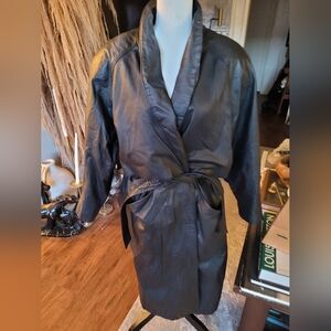JOHN WEITZ Black Tapered Long Leather Trench Coat with Shoulder Pads